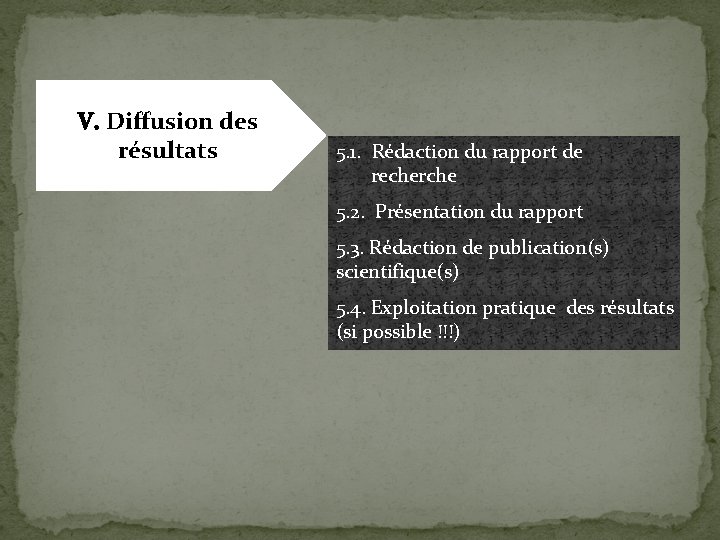 V. Diffusion des résultats 5. 1. Rédaction du rapport de recherche 5. 2. Présentation