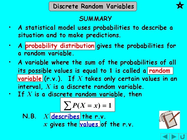 Discrete Random Variables • • SUMMARY A statistical model uses probabilities to describe a Discrete Random Variables • • SUMMARY A statistical model uses probabilities to describe a