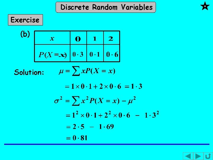 Discrete Random Variables Exercise (b) x P (X = ) Solution: Discrete Random Variables Exercise (b) x P (X = ) Solution: