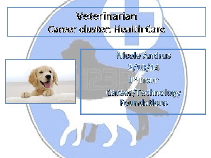 Veterinarian Career cluster: Health Care Nicole Andrus 2/10/14 1 st hour Career/Technology Foundations 