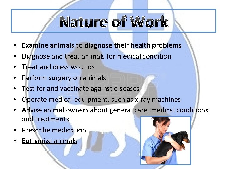 Nature of Work Examine animals to diagnose their health problems Diagnose and treat animals