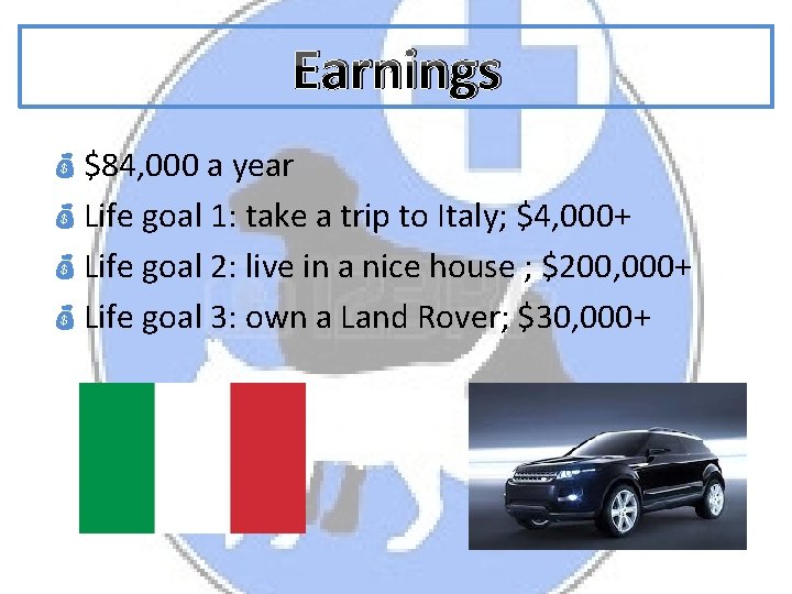 Earnings $84, 000 a year Life goal 1: take a trip to Italy; $4,