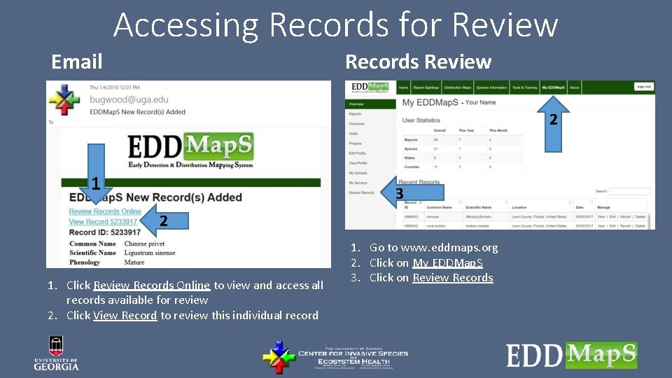 Accessing Records for Review Email Records Review 2 1 3 2 1. Click Review