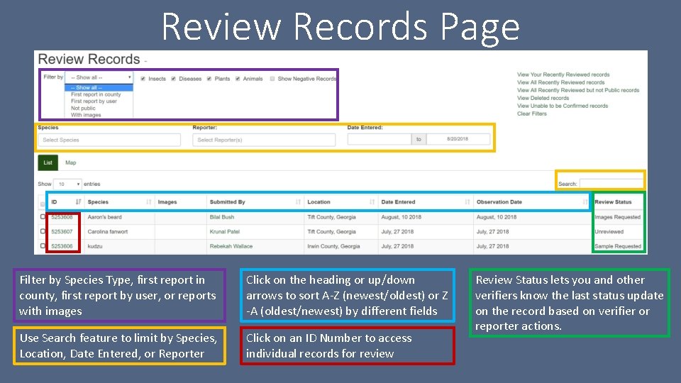 Review Records Page Filter by Species Type, first report in county, first report by