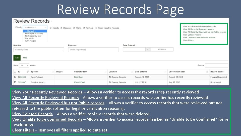 Review Records Page View Your Recently Reviewed Records – Allows a verifier to access