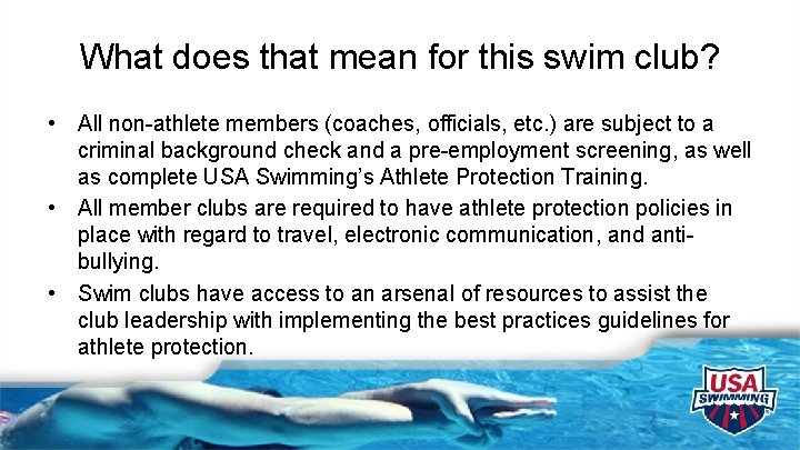 What does that mean for this swim club? • All non-athlete members (coaches, officials,
