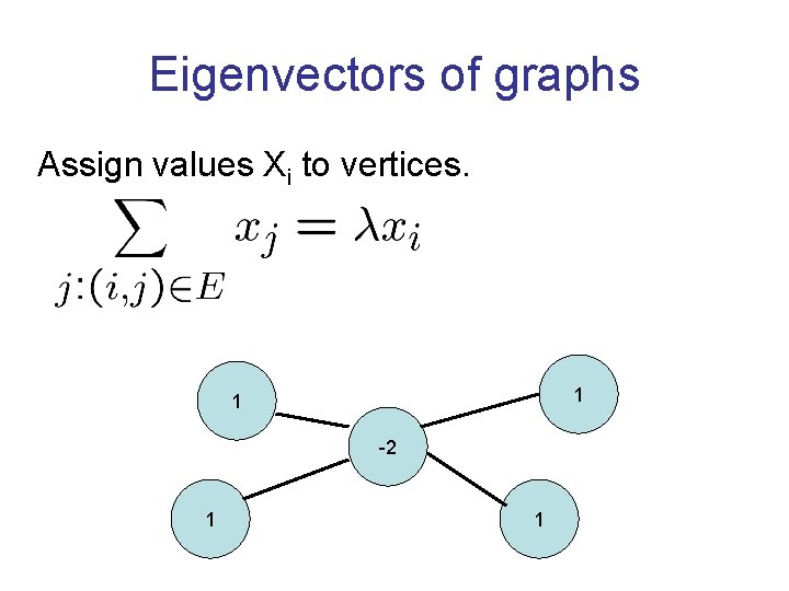 Eigenvectors of graphs Assign values Xi to vertices. 1 1 -2 1 1 