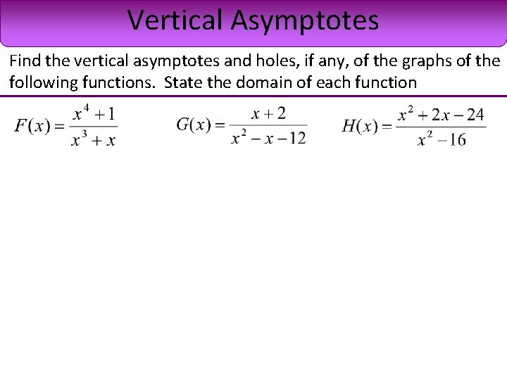 Vertical Asymptotes Find the vertical asymptotes and holes, if any, of the graphs of