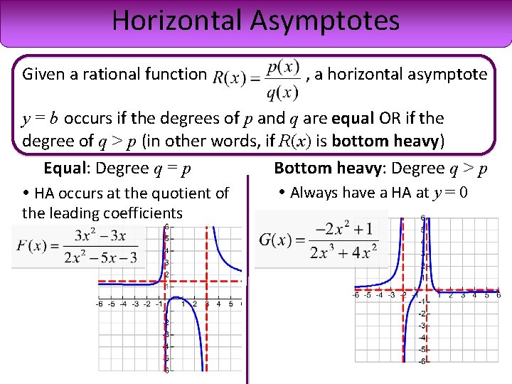 Horizontal Asymptotes Given a rational function , a horizontal asymptote y = b occurs