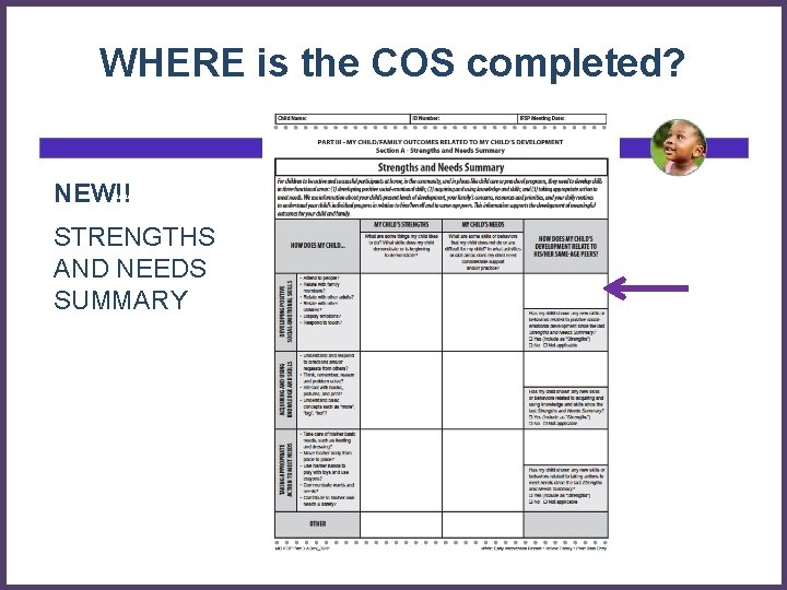 WHERE is the COS completed? NEW!! STRENGTHS AND NEEDS SUMMARY 