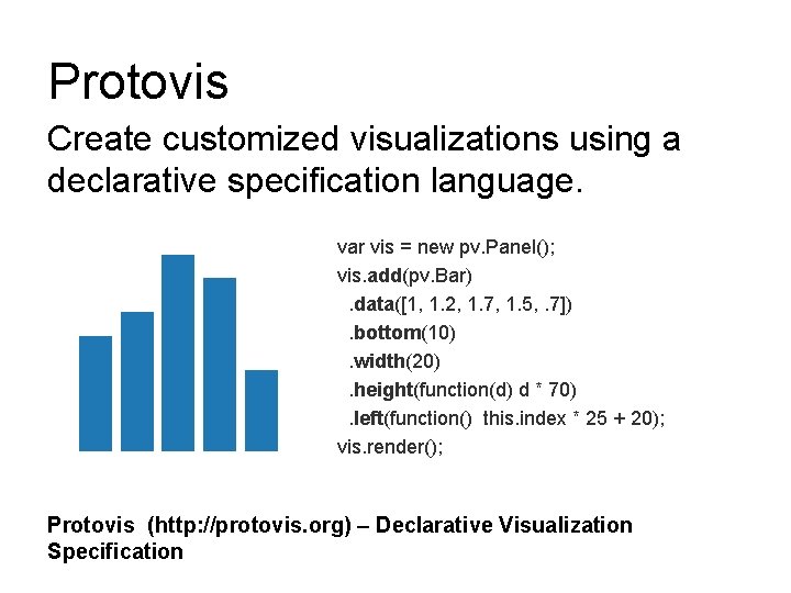 Protovis Create customized visualizations using a declarative specification language. var vis = new pv.