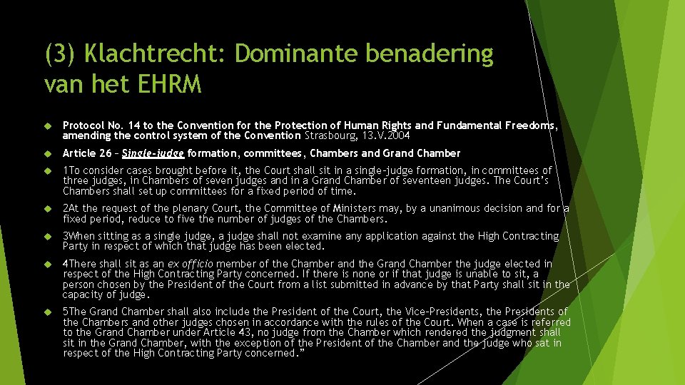 (3) Klachtrecht: Dominante benadering van het EHRM Protocol No. 14 to the Convention for