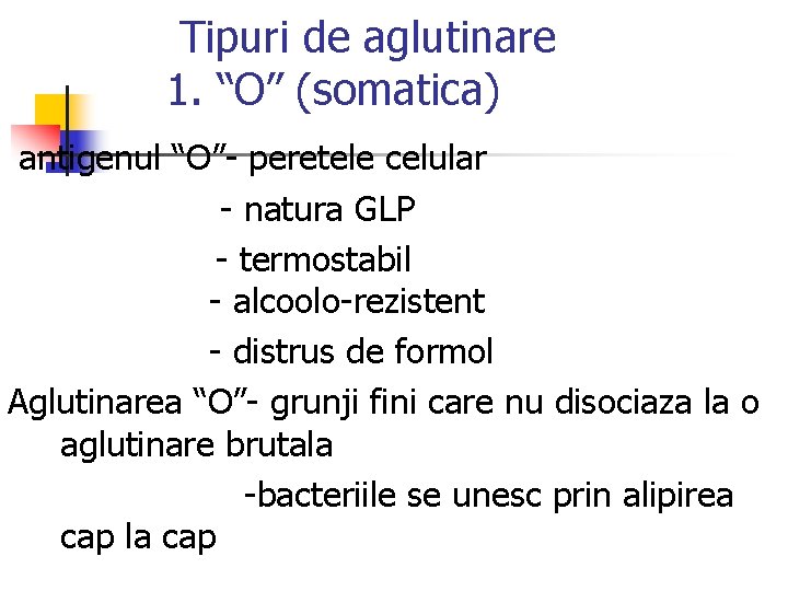 Tipuri de aglutinare 1. “O” (somatica) antigenul “O”- peretele celular - natura GLP -