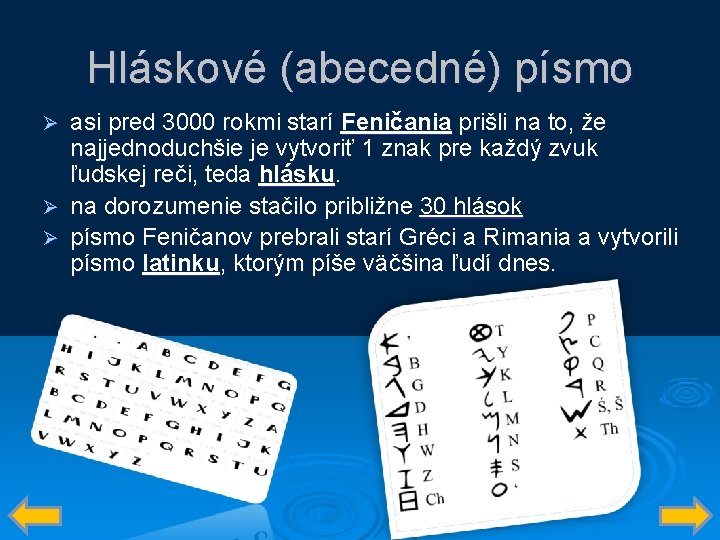 Hláskové (abecedné) písmo asi pred 3000 rokmi starí Feničania prišli na to, že najjednoduchšie