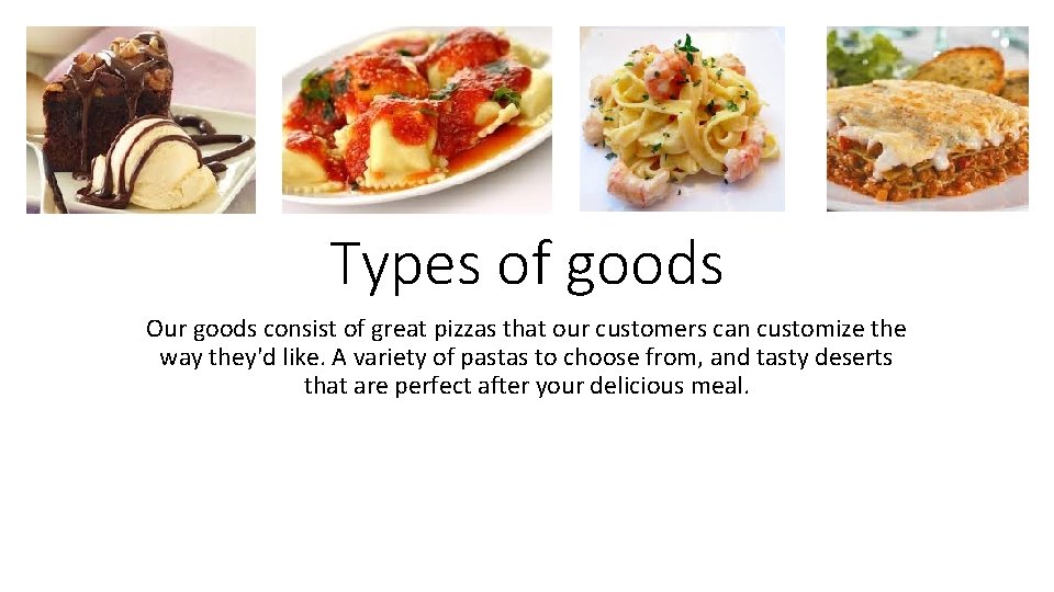 Types of goods Our goods consist of great pizzas that our customers can customize