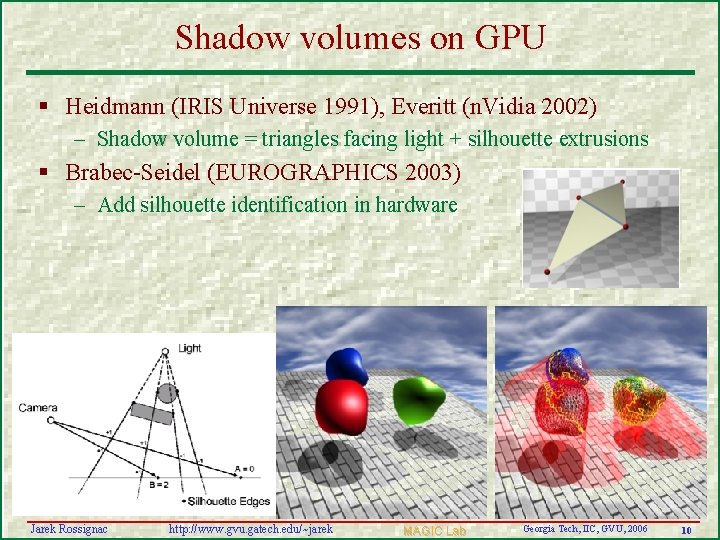 Shadow volumes on GPU § Heidmann (IRIS Universe 1991), Everitt (n. Vidia 2002) –