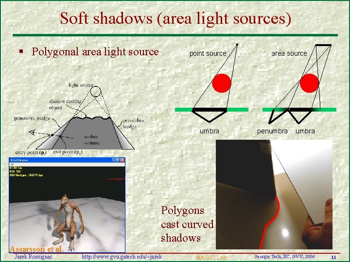 Soft shadows (area light sources) § Polygonal area light source point source umbra Assarsson