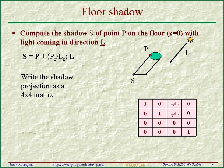 Floor shadow § Compute the shadow S of point P on the floor (z=0)