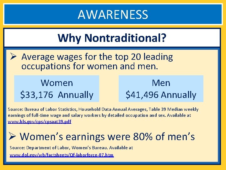 AWARENESS Why Nontraditional? Ø Average wages for the top 20 leading occupations for women