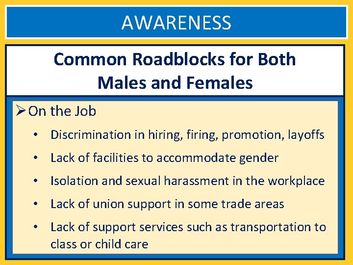 AWARENESS Common Roadblocks for Both Males and Females ØOn the Job • Discrimination in