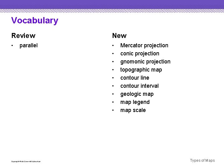 Vocabulary Review New • • • parallel Copyright © Mc. Graw-Hill Education Mercator projection