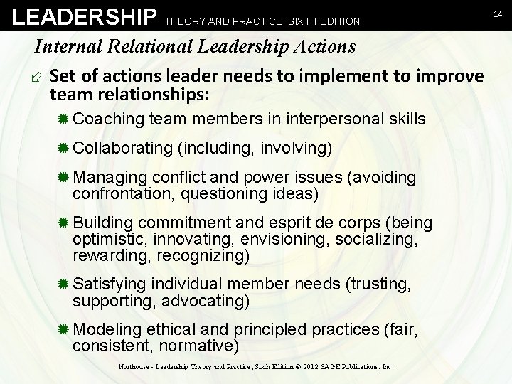 LEADERSHIP THEORY AND PRACTICE SIXTH EDITION Internal Relational Leadership Actions ÷ Set of actions