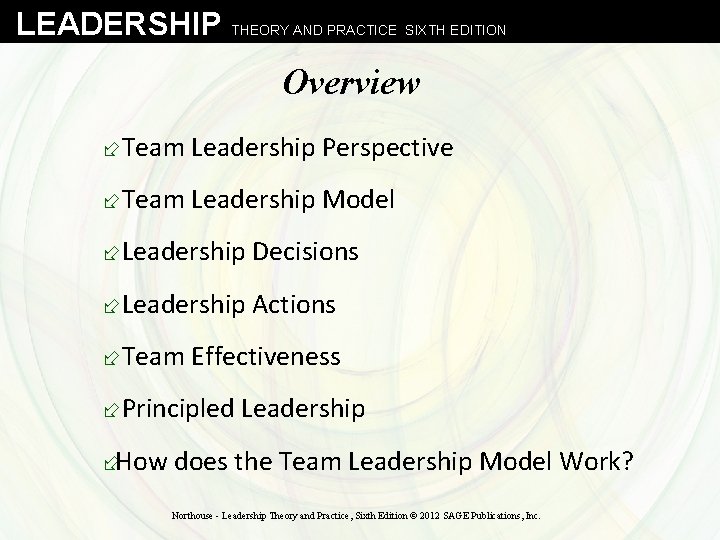 LEADERSHIP THEORY AND PRACTICE SIXTH EDITION Overview ÷Team Leadership Perspective ÷Team Leadership Model ÷Leadership
