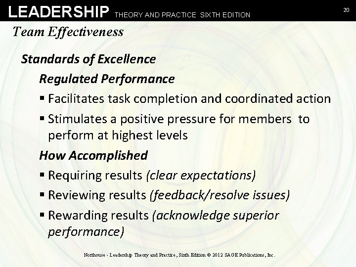 LEADERSHIP THEORY AND PRACTICE SIXTH EDITION Team Effectiveness Standards of Excellence Regulated Performance §