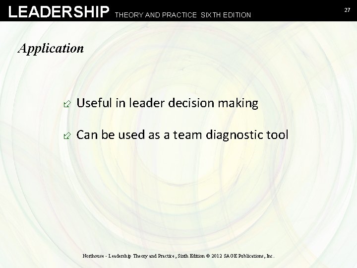 LEADERSHIP THEORY AND PRACTICE SIXTH EDITION Application ÷ Useful in leader decision making ÷