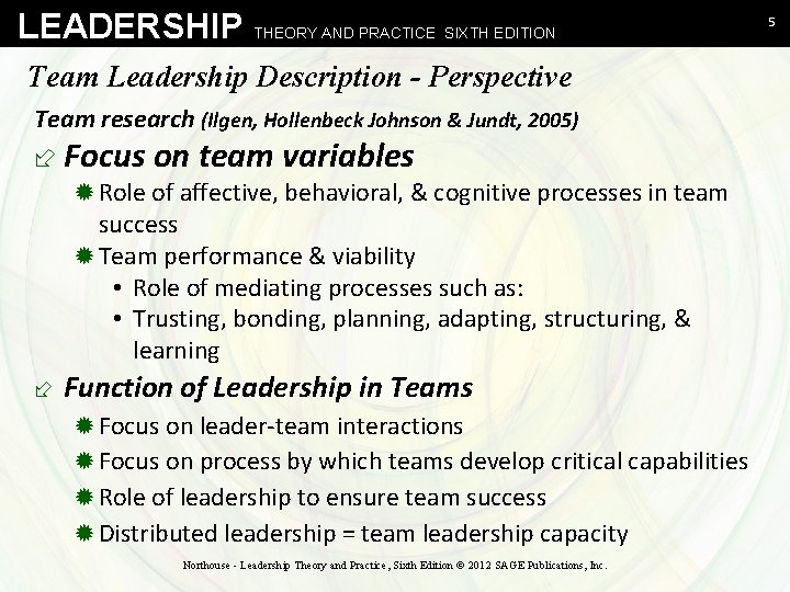 LEADERSHIP THEORY AND PRACTICE SIXTH EDITION Team Leadership Description - Perspective Team research (Ilgen,