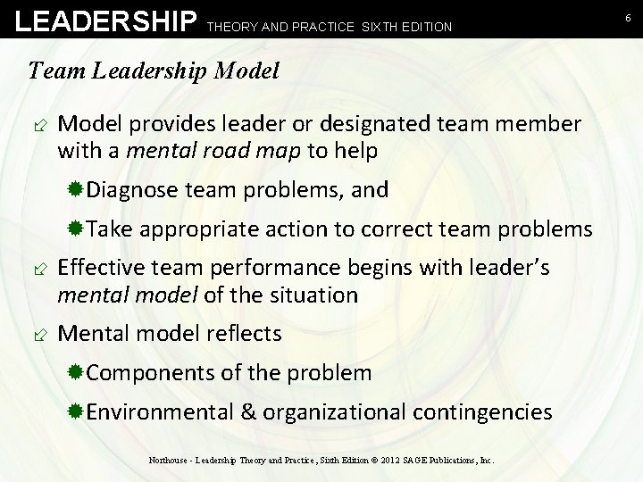 LEADERSHIP THEORY AND PRACTICE SIXTH EDITION Team Leadership Model ÷ Model provides leader or