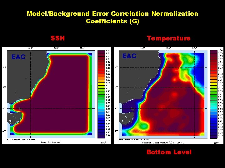 Model/Background Error Correlation Normalization Coefficients (G) SSH EAC Temperature EAC Bottom Level 