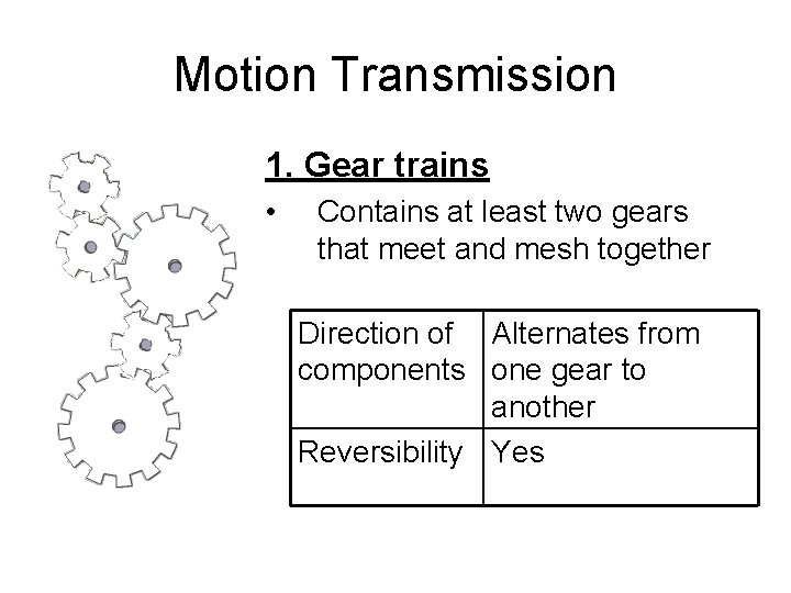 Motion Transmission 1. Gear trains • Contains at least two gears that meet and Motion Transmission 1. Gear trains • Contains at least two gears that meet and