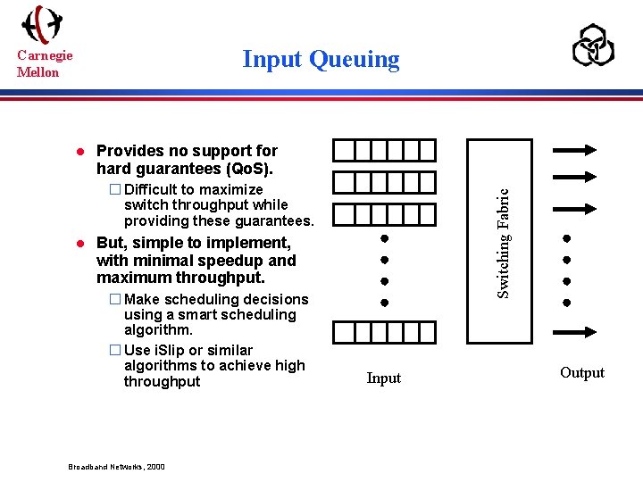 Input Queuing Carnegie Mellon l Provides no support for hard guarantees (Qo. S). l