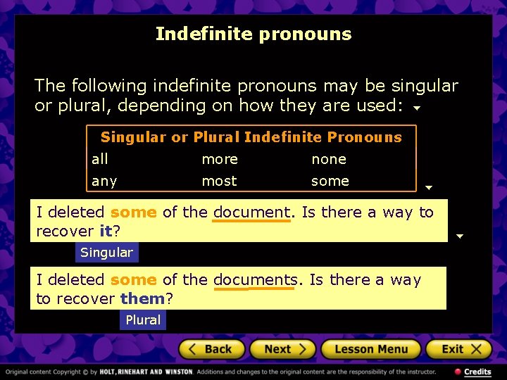 Indefinite pronouns The following indefinite pronouns may be singular or plural, depending on how