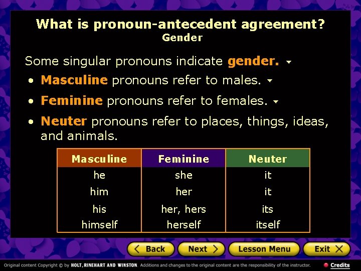 What is pronoun-antecedent agreement? Gender Some singular pronouns indicate gender. • Masculine pronouns refer