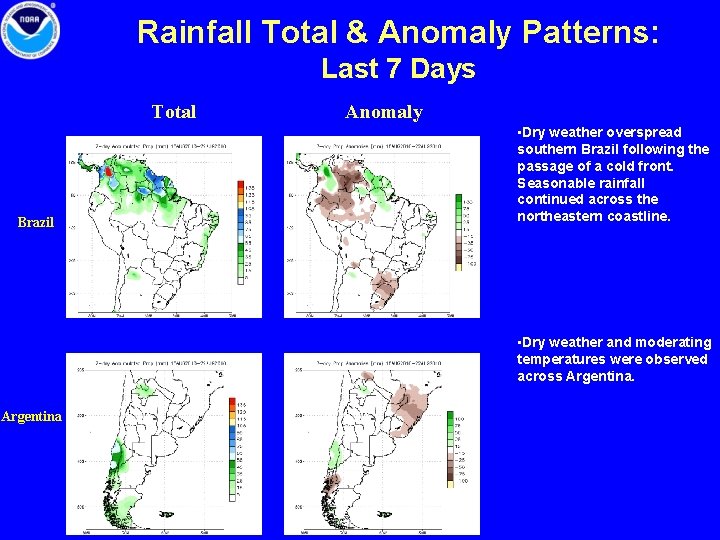 Rainfall Total & Anomaly Patterns: Last 7 Days Total Brazil Anomaly • Dry weather