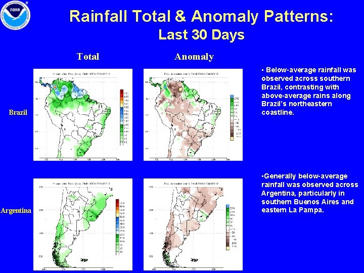 Rainfall Total & Anomaly Patterns: Last 30 Days Total Brazil Argentina Anomaly • Below-average