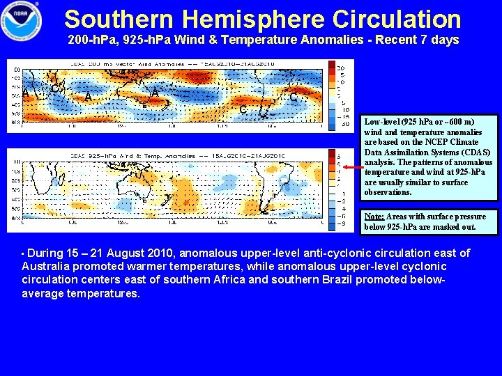 Southern Hemisphere Circulation 200 -h. Pa, 925 -h. Pa Wind & Temperature Anomalies -