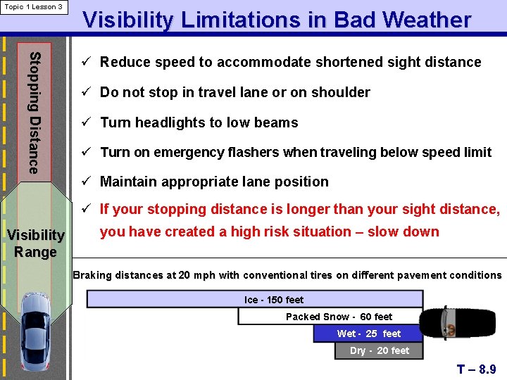 Topic 1 Lesson 3 Visibility Limitations in Bad Weather Stopping Distance ü Reduce speed