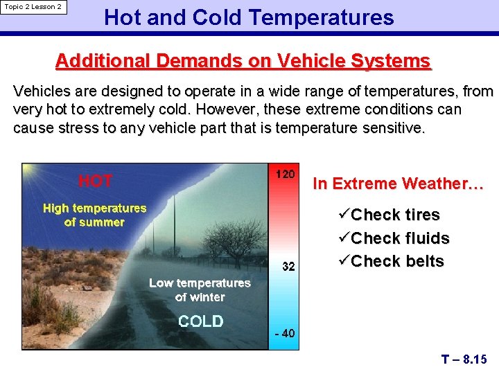 Topic 2 Lesson 2 Hot and Cold Temperatures Additional Demands on Vehicle Systems Vehicles