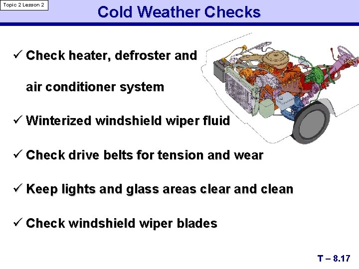 Topic 2 Lesson 2 Cold Weather Checks ü Check heater, defroster and air conditioner