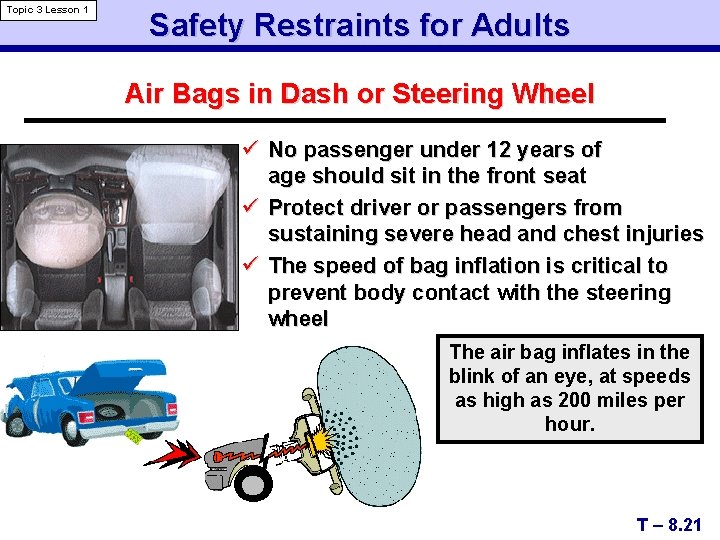 Topic 3 Lesson 1 Safety Restraints for Adults Air Bags in Dash or Steering