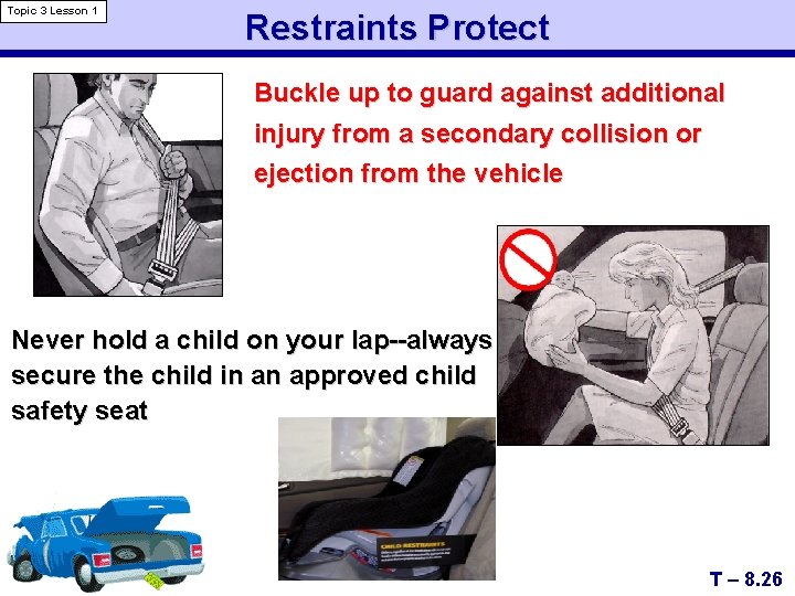 Topic 3 Lesson 1 Restraints Protect Buckle up to guard against additional injury from