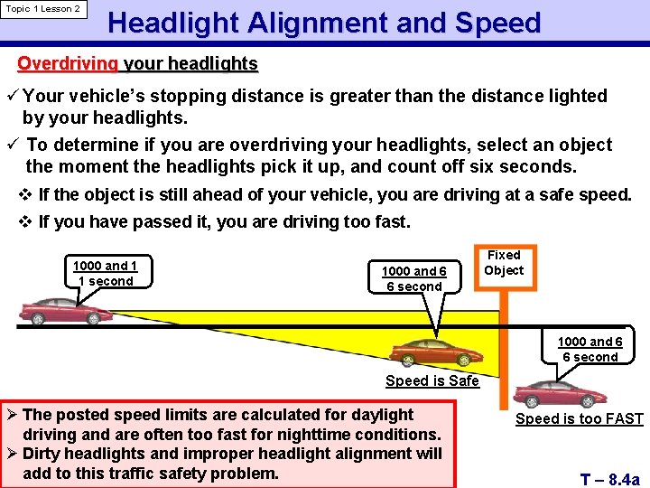 Topic 1 Lesson 2 Headlight Alignment and Speed Overdriving your headlights ü Your vehicle’s