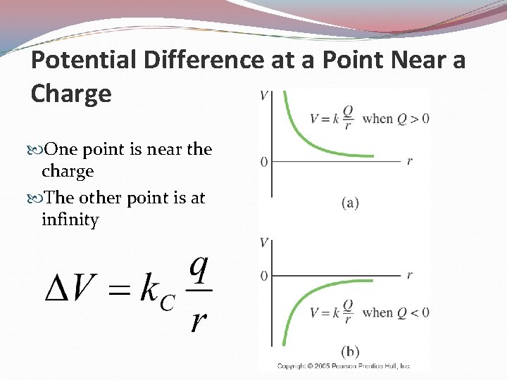 Potential Difference at a Point Near a Charge One point is near the charge