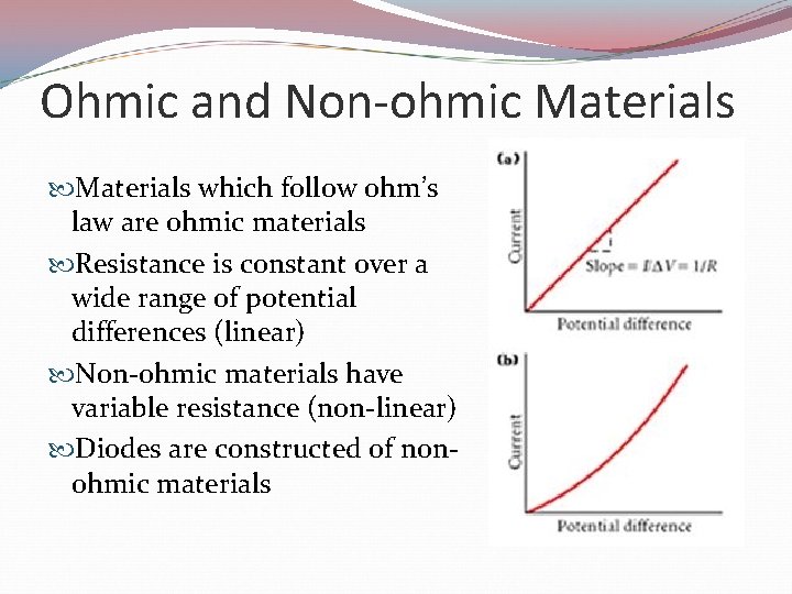 Ohmic and Non-ohmic Materials which follow ohm’s law are ohmic materials Resistance is constant