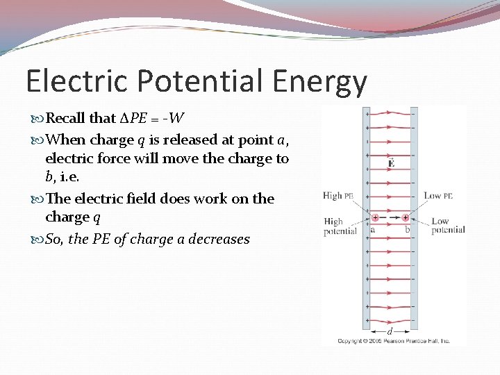 Electric Potential Energy Recall that ΔPE = -W When charge q is released at