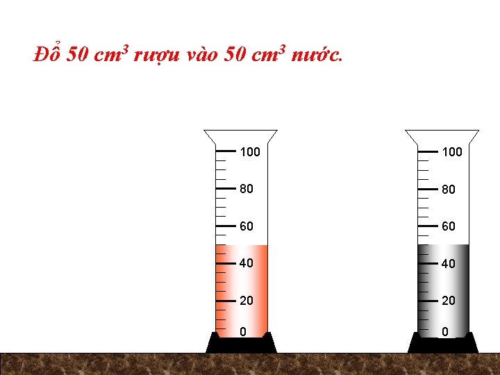 Đổ 50 cm 3 rượu vào 50 cm 3 nước. 100 80 80 60
