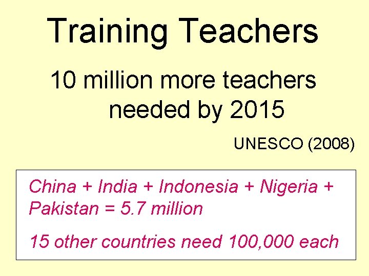 Training Teachers 10 million more teachers needed by 2015 UNESCO (2008) China + India